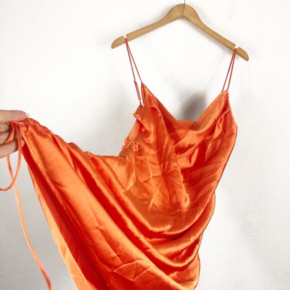 Zara Orange Satin Draped Effect Mini Dress Size Large Ruched Cocktail Halloween - Picture 11 of 14